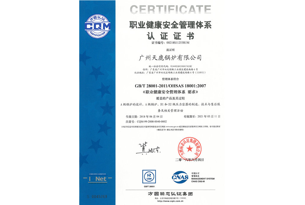 职业健康体系认证证书中文版